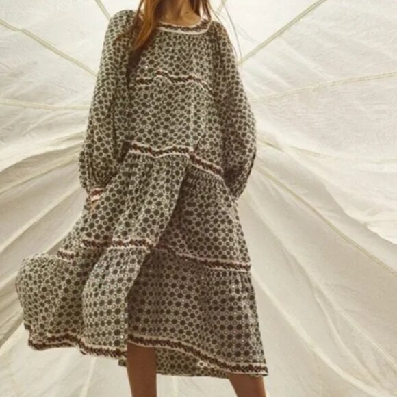 Tory Burch Neutral Sequin Logo Long Sleeves Midi Tiered Dress S (Orig. $575) - Picture 10 of 12